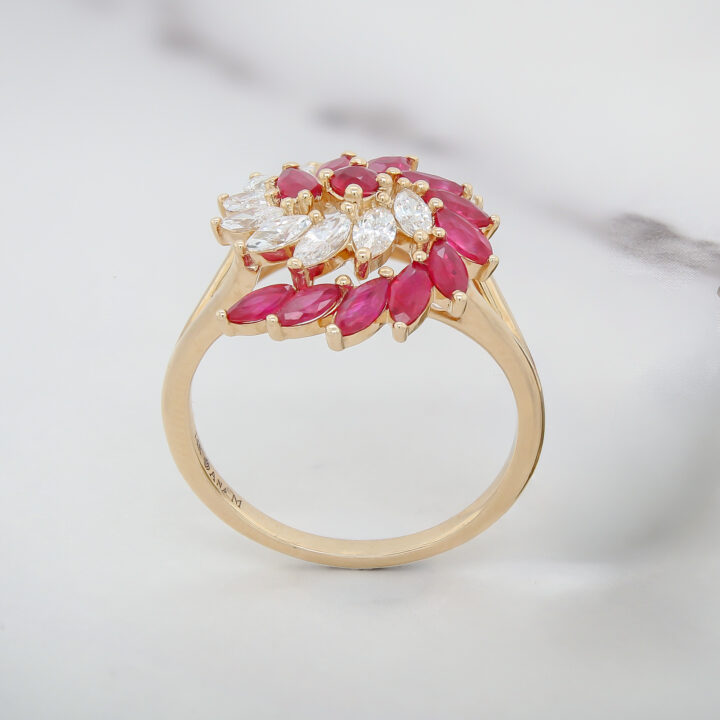 Ruby & Diamond Marquise Cluster Floral Ring in Yellow Gold - view 2