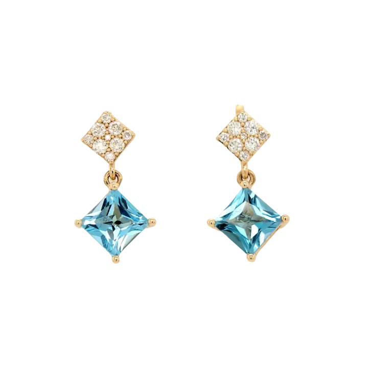14K yellow gold princess cut blue topaz and diamond cluster drop earrings on white