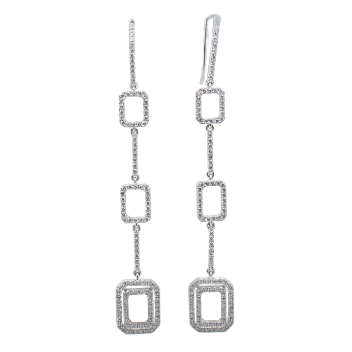 14k white gold diamond open rectangle triple drop dangle earrings with 2.40 ctw diamonds