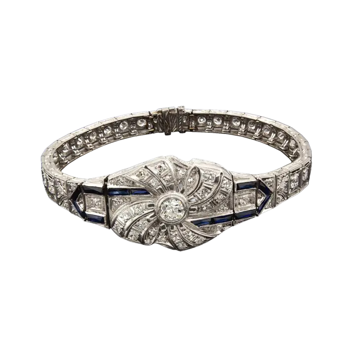 Antique Art Deco platinum diamond & sapphire bracelet with bezel-set old European cut center