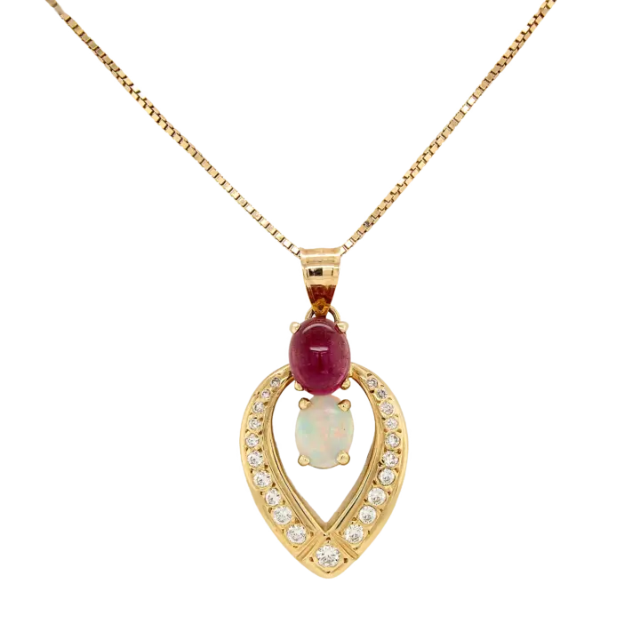 14K yellow gold pink tourmaline and opal diamond pendant necklace on box chain
