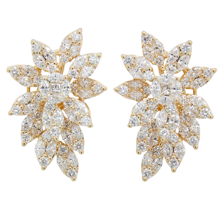 18k yellow gold diamond cluster floral spray earrings with marquise and round brilliant diamonds