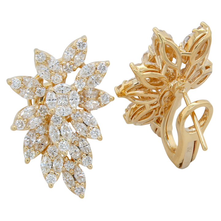 Diamond Cluster Floral Spray Earrings in Yellow Gold - view 2