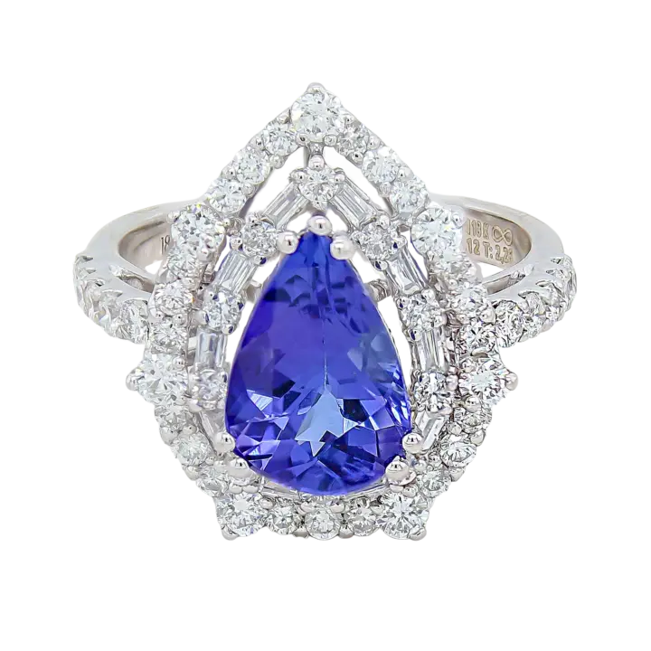 18K white gold pear tanzanite and diamond double halo cocktail ring with baguette accents