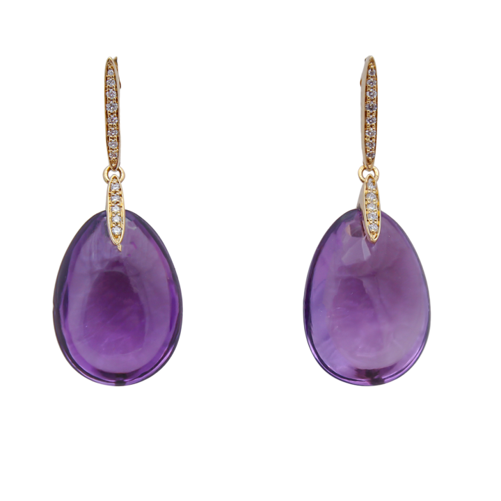 18k yellow gold cabochon amethyst drop earrings with pavé diamond huggie and bar accents