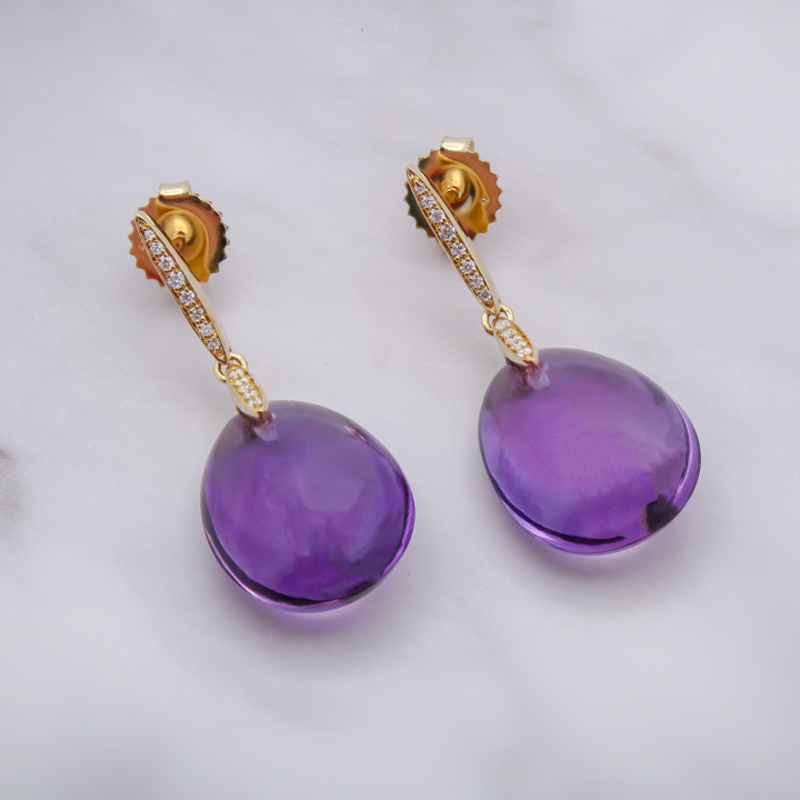 Amethyst Cabochon Drop Earrings with Diamond Accents in Yellow Gold - view 2