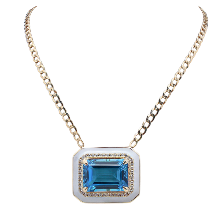 Emerald-cut blue topaz diamond halo white enamel pendant on 14k yellow gold Cuban chain necklace.