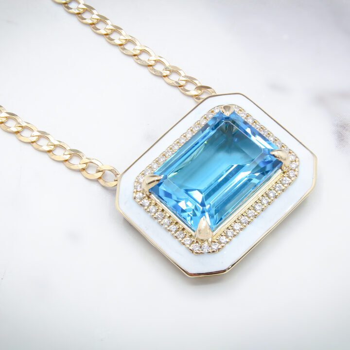 Blue Topaz Emerald-Cut Diamond Halo Enamel Pendant Necklace in Yellow Gold - view 2