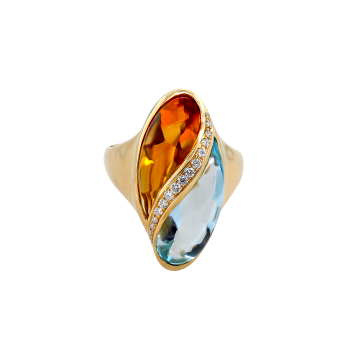 18k yellow gold bypass cocktail ring with citrine, blue topaz, and diamond channel divider