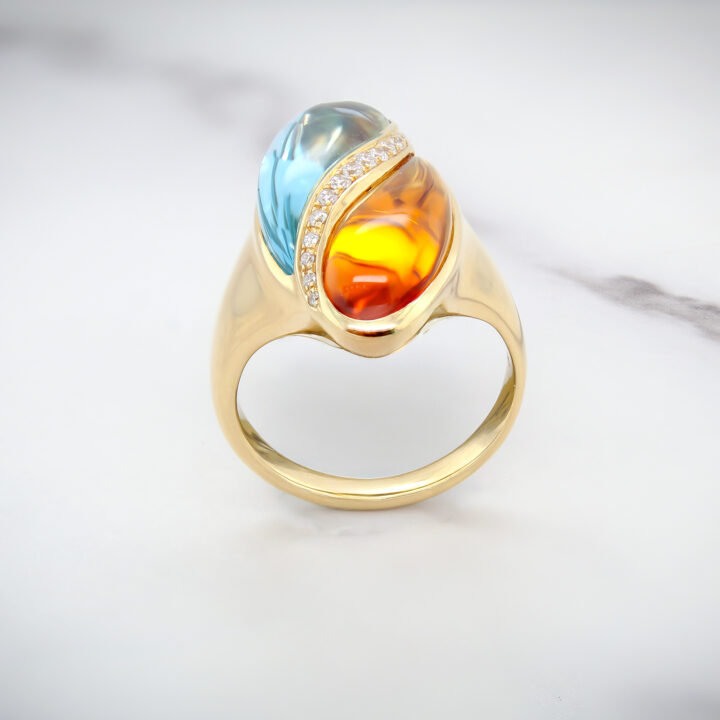 Citrine & Blue Topaz Bypass Cocktail Ring in Yellow Gold with Diamonds - view 2