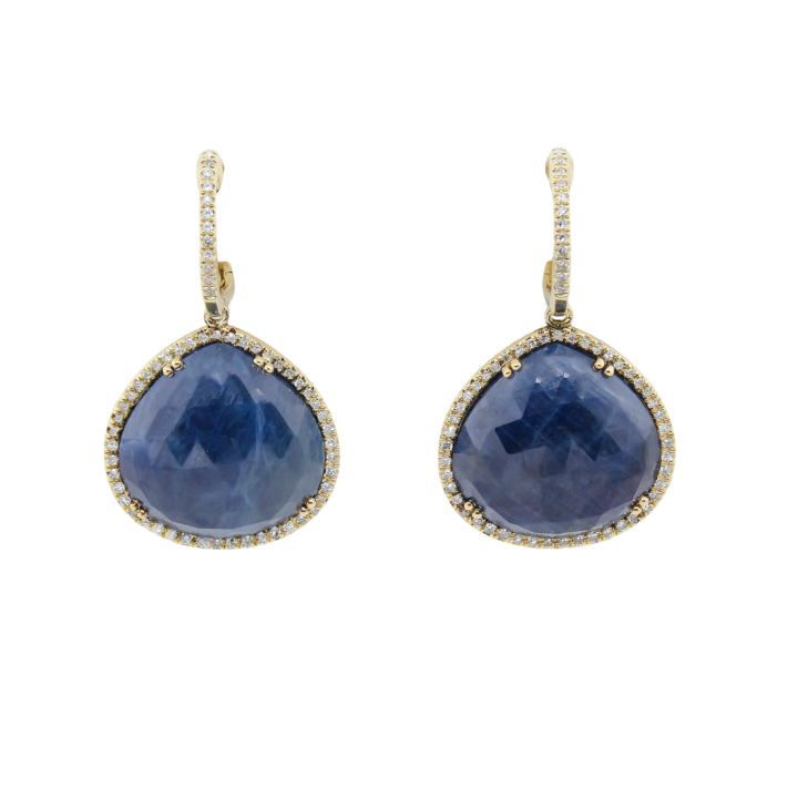 Rose-cut blue sapphire and diamond halo drop earrings in 14k yellow gold.