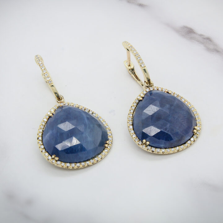Blue Sapphire Rose-Cut Halo Drop Earrings in Yellow Gold - view 2