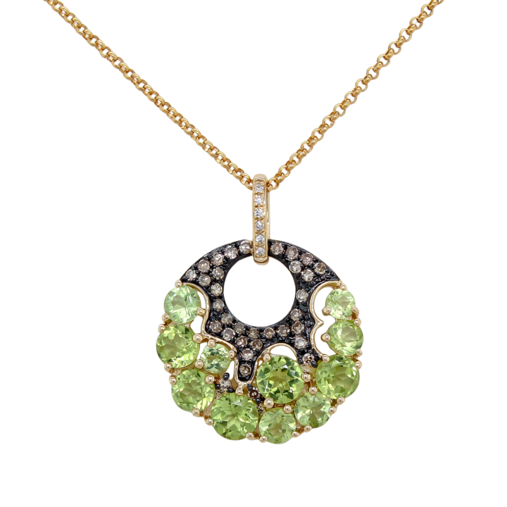 14k yellow gold open-circle pendant necklace with round peridot clusters and brown diamond accents.