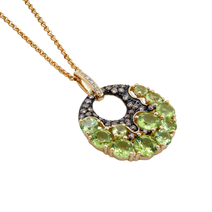Peridot & Brown Diamond Open Circle Pendant Necklace in Yellow Gold - view 2