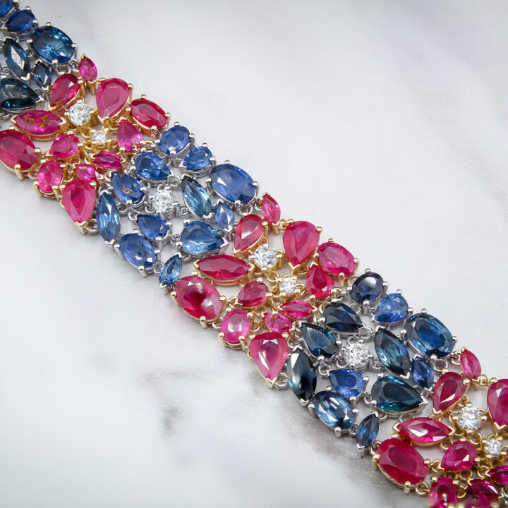 Ruby Sapphire Diamond Wide Floral Bracelet in Two-Tone Gold - view 2