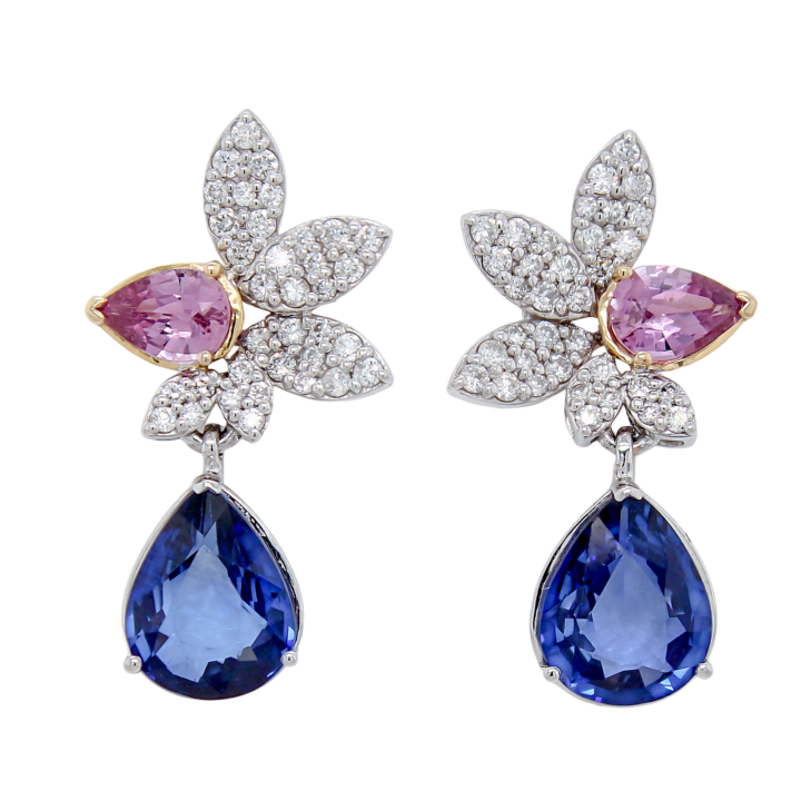 14k two-tone gold tanzanite pear drop earrings with pink sapphire and diamond leaf tops.