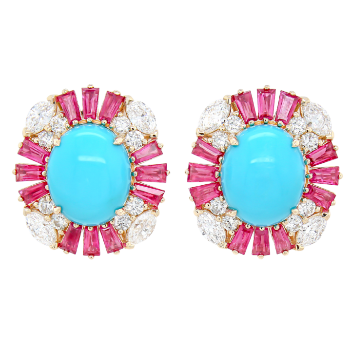 Oval turquoise cabochon earrings with ruby baguette halo and diamond accents in 14k yellow gold.