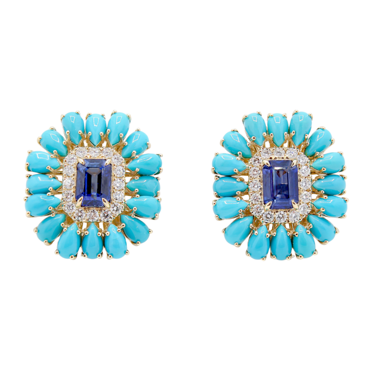 14k yellow gold tanzanite and turquoise cabochon diamond halo cluster stud earrings