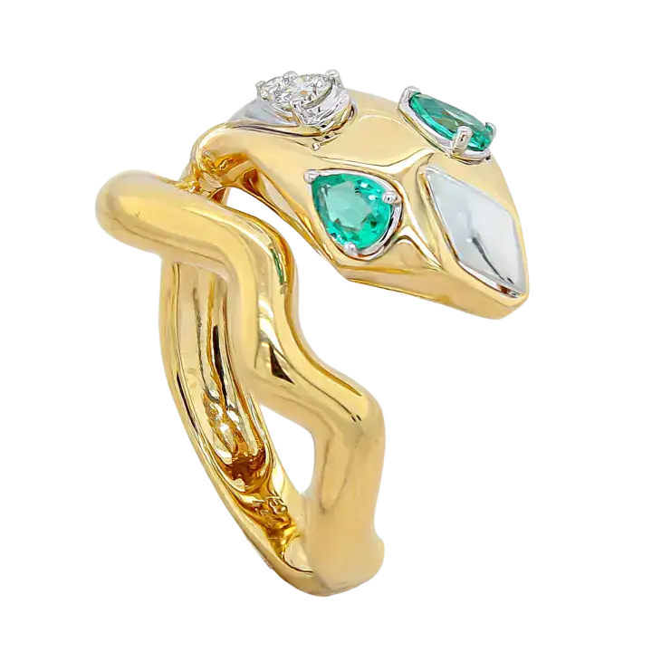 Emerald serpent ring in 18k two-tone gold with pear emeralds and round diamonds