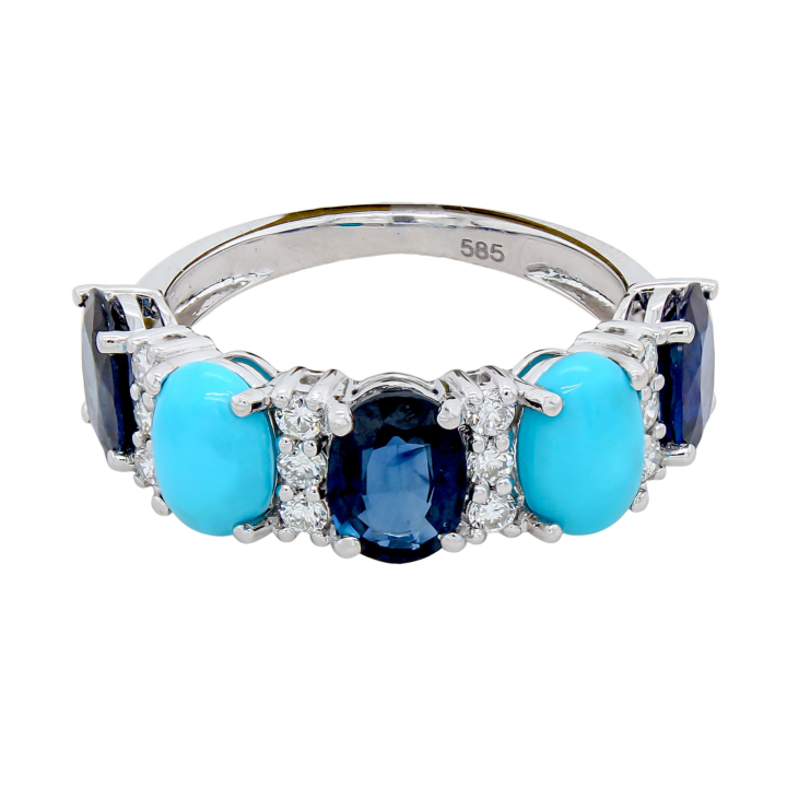 14k white gold multi-stone band ring featuring oval blue sapphires, turquoise cabochons, and diamond accents.