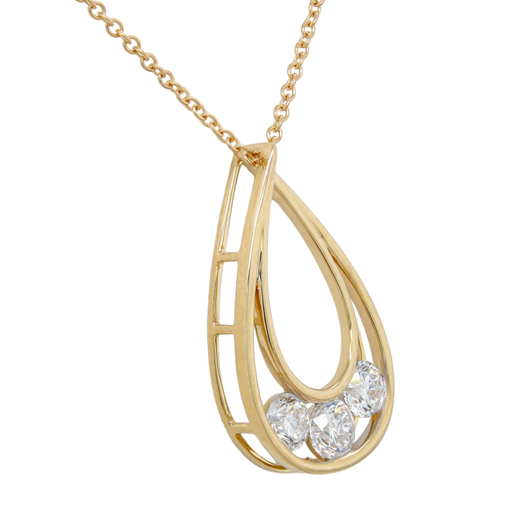 Three-Diamond Teardrop Pendant Necklace in Yellow Gold - view 2