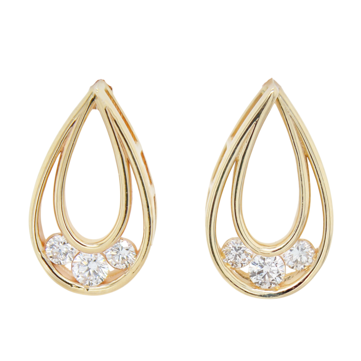 14k yellow gold open teardrop hoop earrings with round brilliant diamond clusters