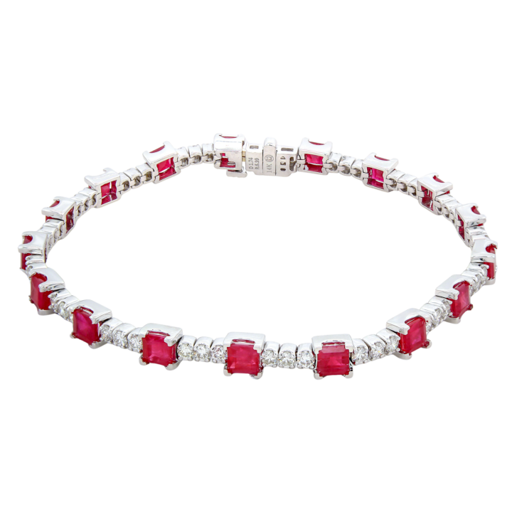 14k white gold tennis bracelet with square-cut rubies and round diamonds alternating throughout
