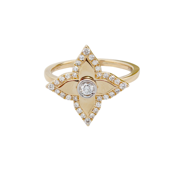 14k yellow gold four-petal star flower ring with bezel-set diamond center and pavé diamond accents