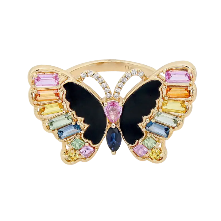 Yellow gold butterfly statement ring with rainbow sapphires, black onyx wings and diamond accents