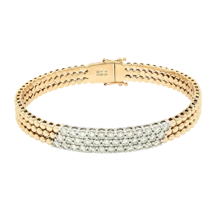 14K gold diamond bangle bracelet with triple-row beaded yellow gold flexible links and diamond center in white gold, front view