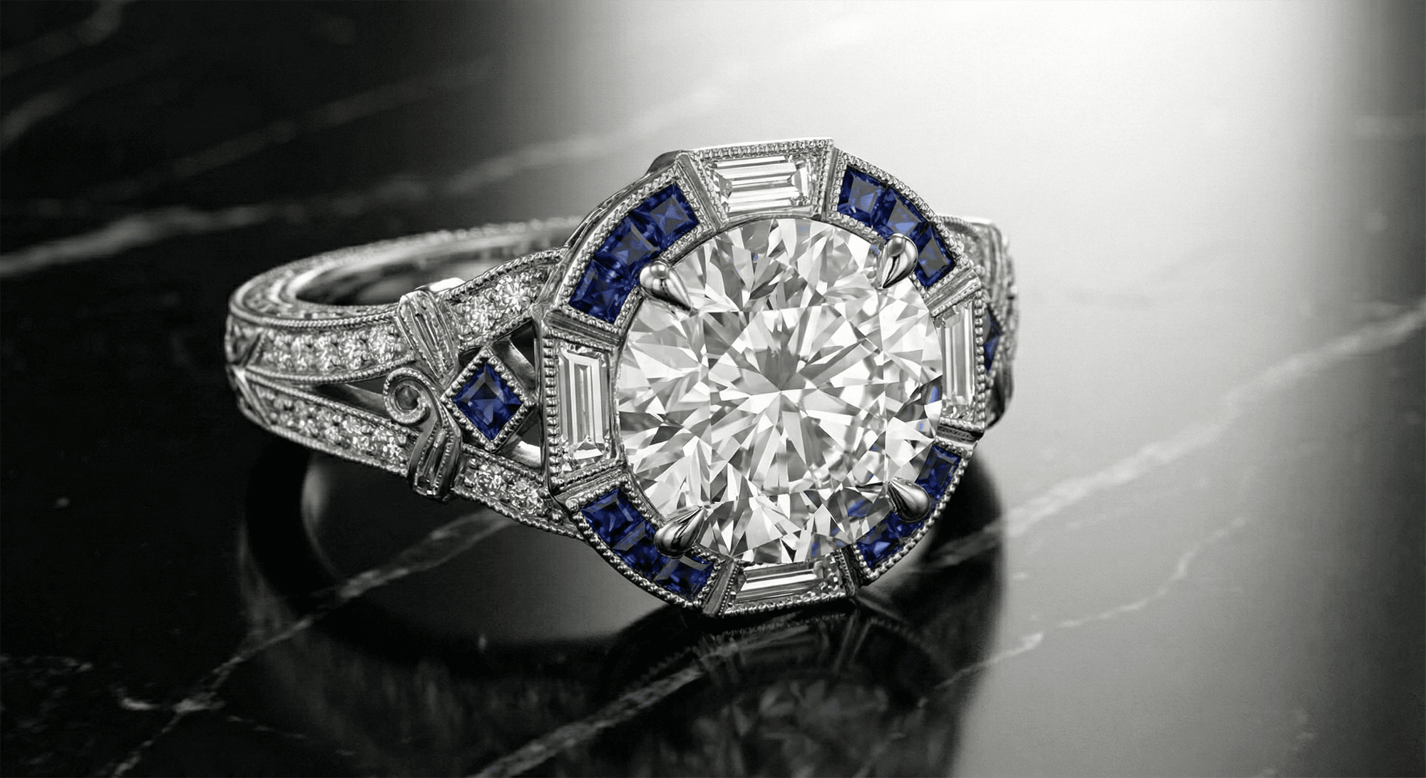 Geometric Art Deco platinum ring with onyx and asscher cut diamond