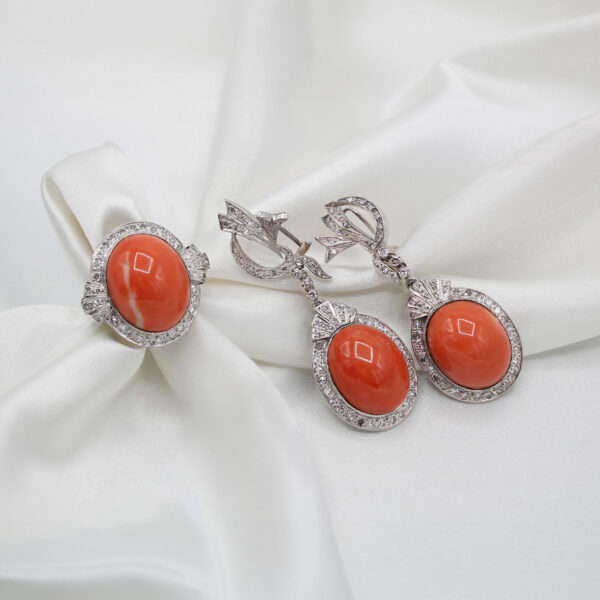 "Ornate" Art Deco Coral Ring and Earring Set - Image 2