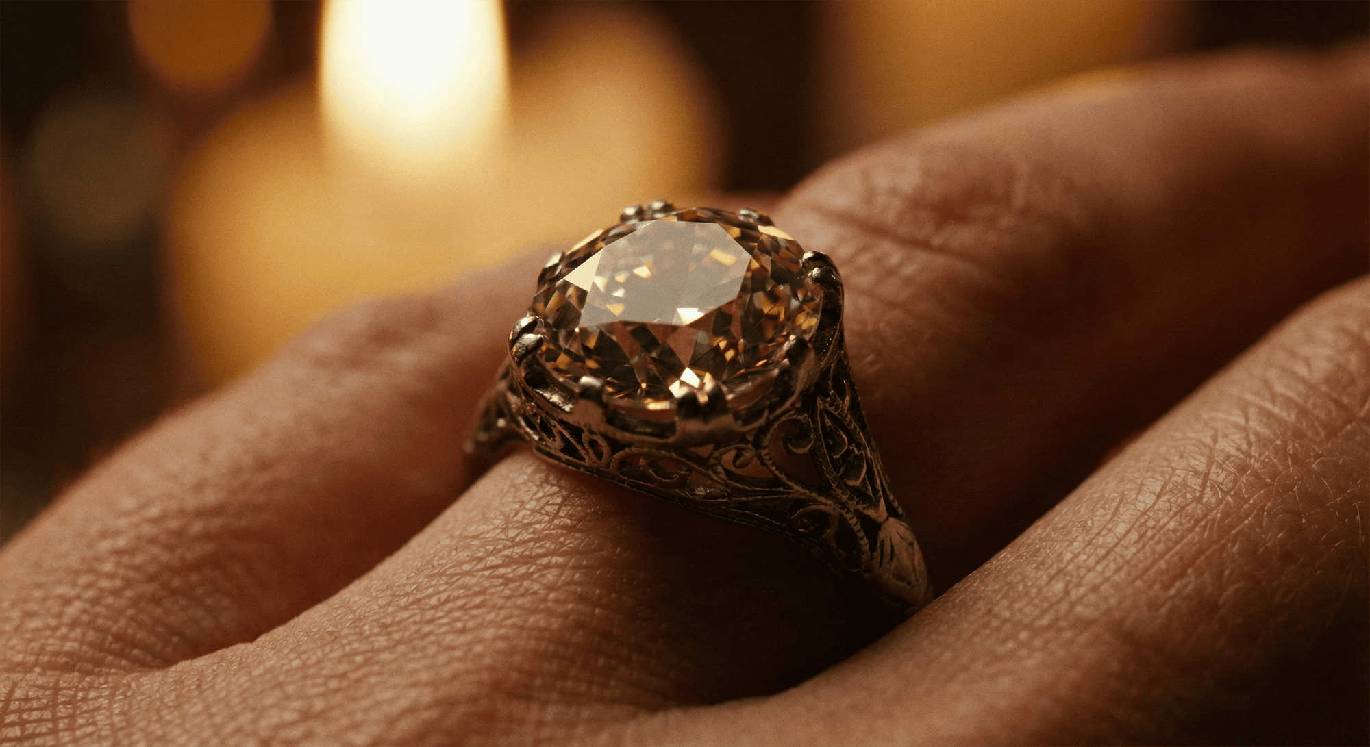 Vintage Old European cut diamond ring glowing on finger