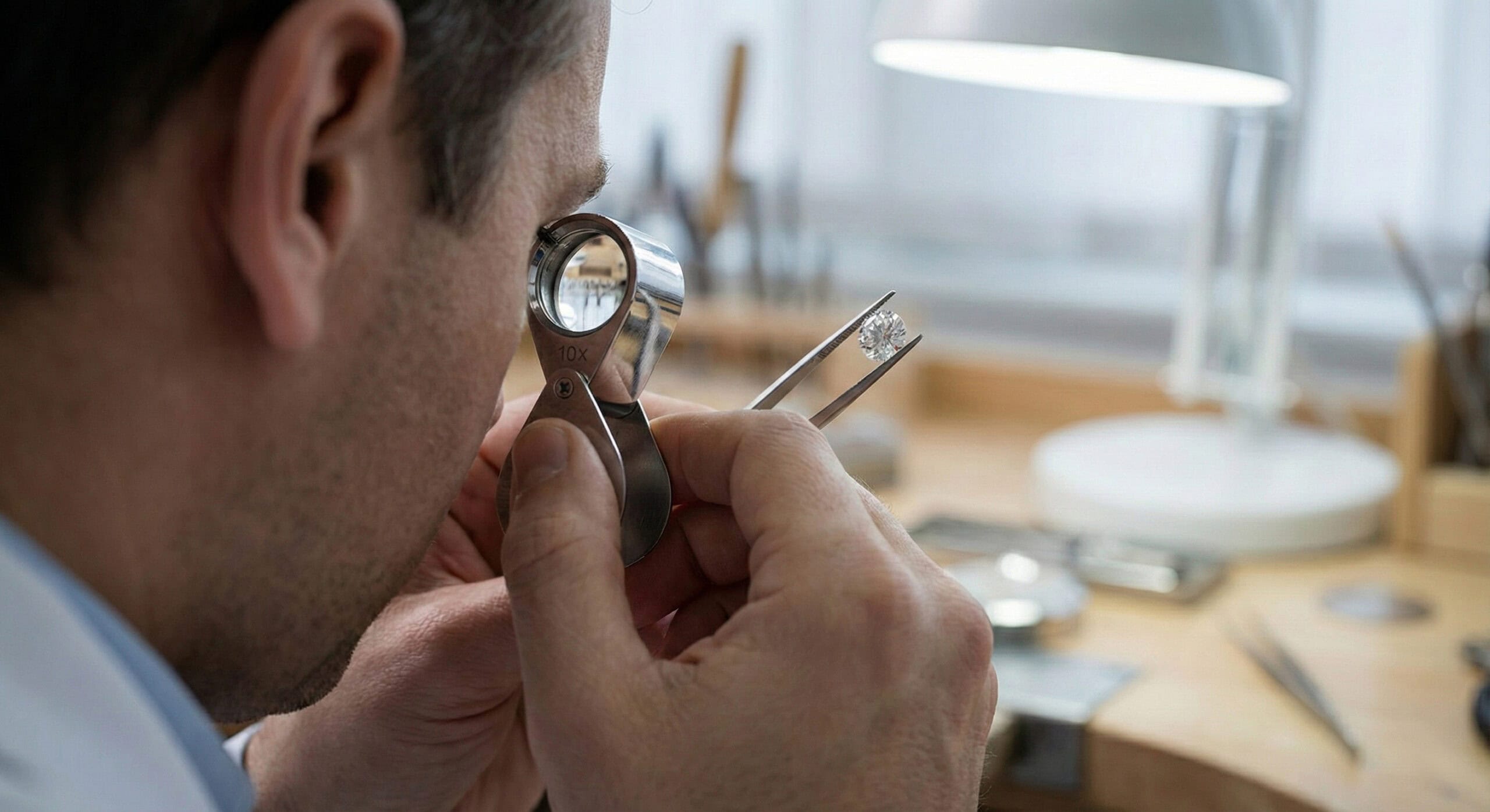 Jeweler inspecting diamond with loupe