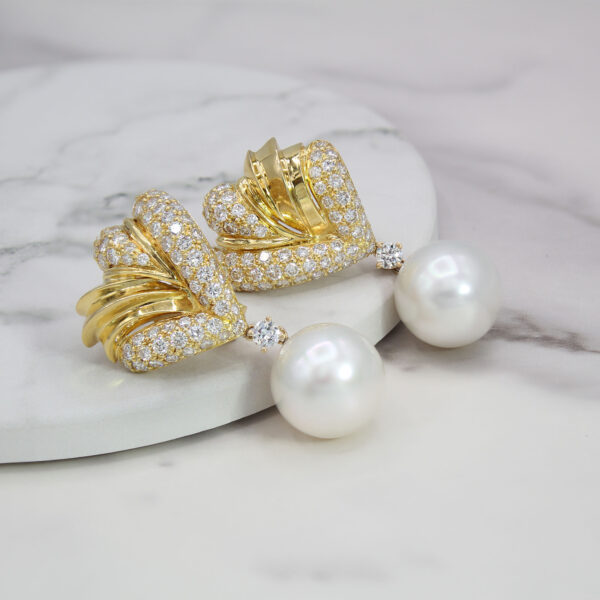 "Fabulous Fans" Vintage Diamond and Pearl Earrings - Image 2