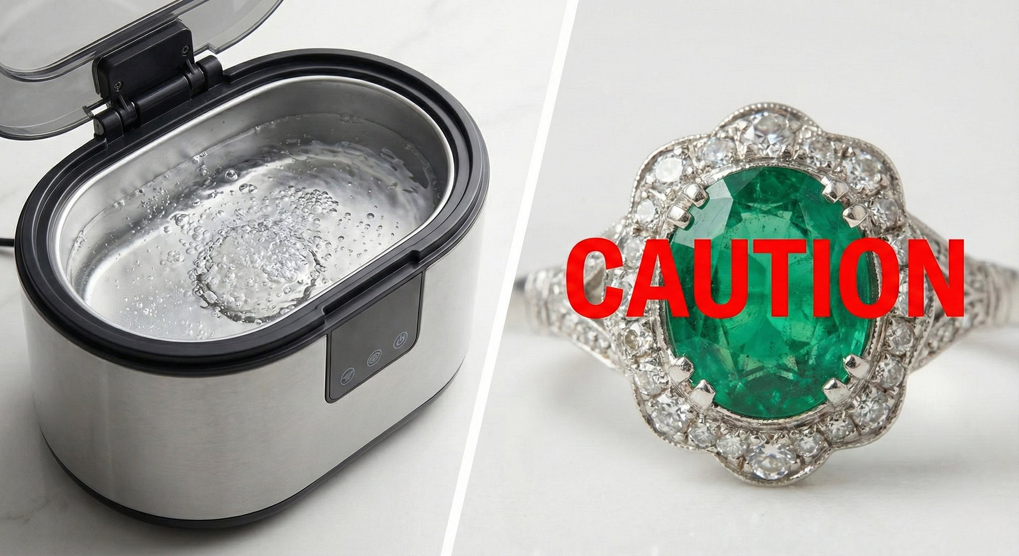 Comparison warning showing ultrasonic cleaner vs delicate emerald ring