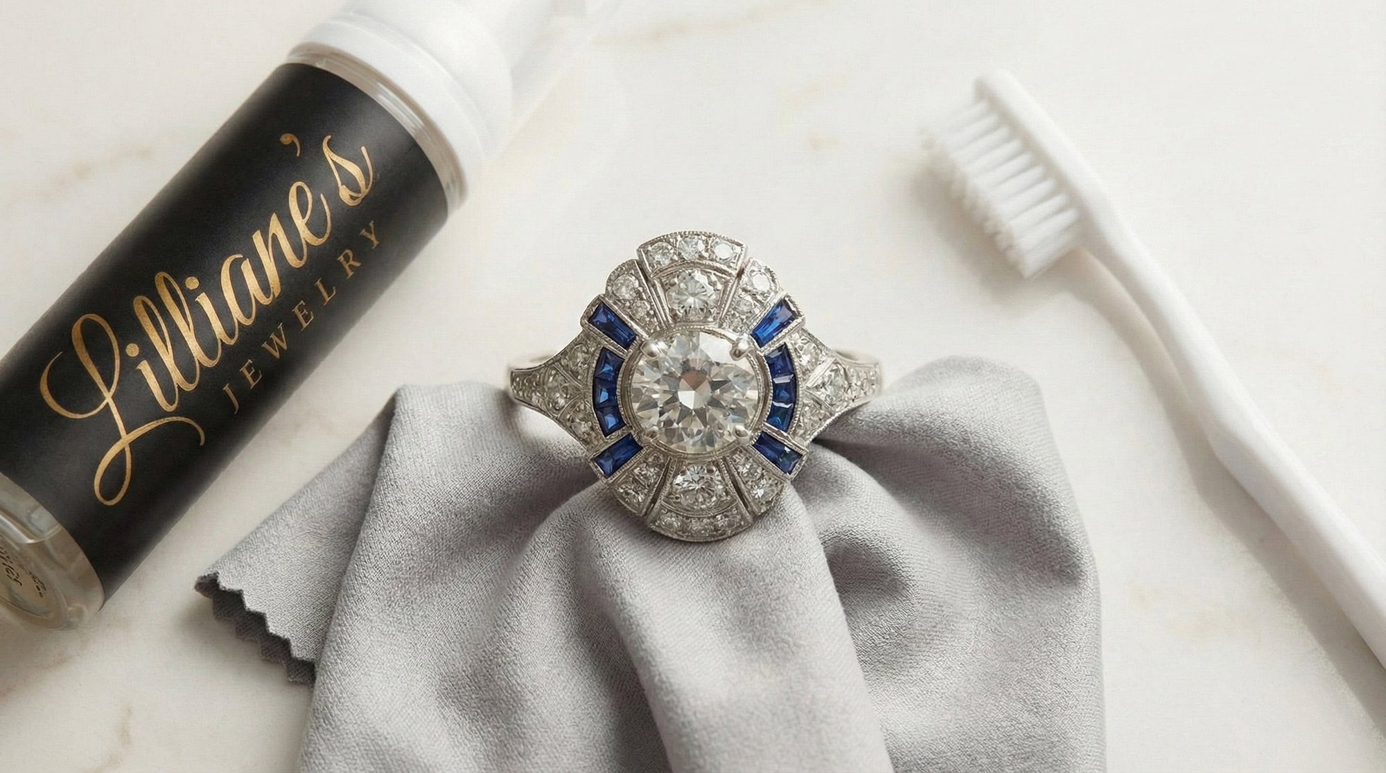 Vintage diamond ring with Lavish foam cleaner and soft brush on marble surface